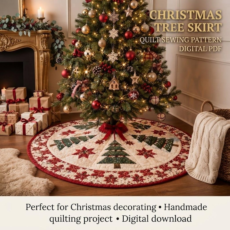 K&ouml;nnte beinhalten: Ein runder, gesteppter Weihnachtsbaumteppich mit einem Muster aus gr&uuml;nen Tannenb&auml;umen und roten Sternen auf cremefarbenem Grund mit rotem Rand. Der Text CHRISTMAS TREE SKIRT QUILT SEWING PATTERN DIGITAL PDF ist oben rechts zu sehen.