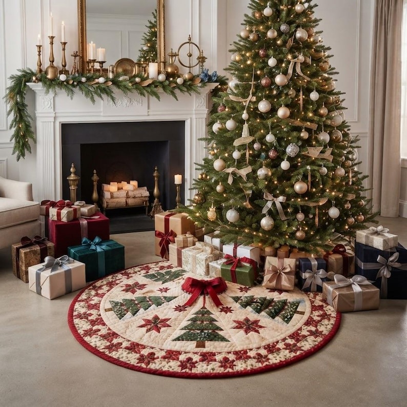 K&ouml;nnte beinhalten: Ein runder, gesteppter Weihnachtsbaumteppich mit cremefarbener Basis, verziert mit einem wiederkehrenden Muster aus gr&uuml;nen Tannenb&auml;umen und roten Sternmotiven. Der Rand ist mit roten Blumenformen geschm&uuml;ckt und mittig befindet sich eine rote Schleife.