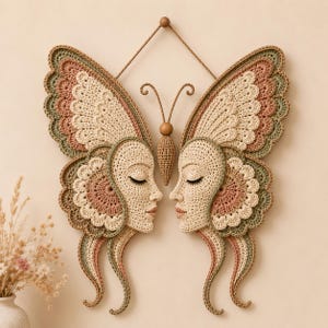 Peut inclure: Une œuvre d'art murale en crochet représentant deux visages symétriques de profil, se faisant face. Les visages sont intégrés dans de grandes ailes de papillon complexes aux tons sourds de vert sauge, vieux rose et crème.