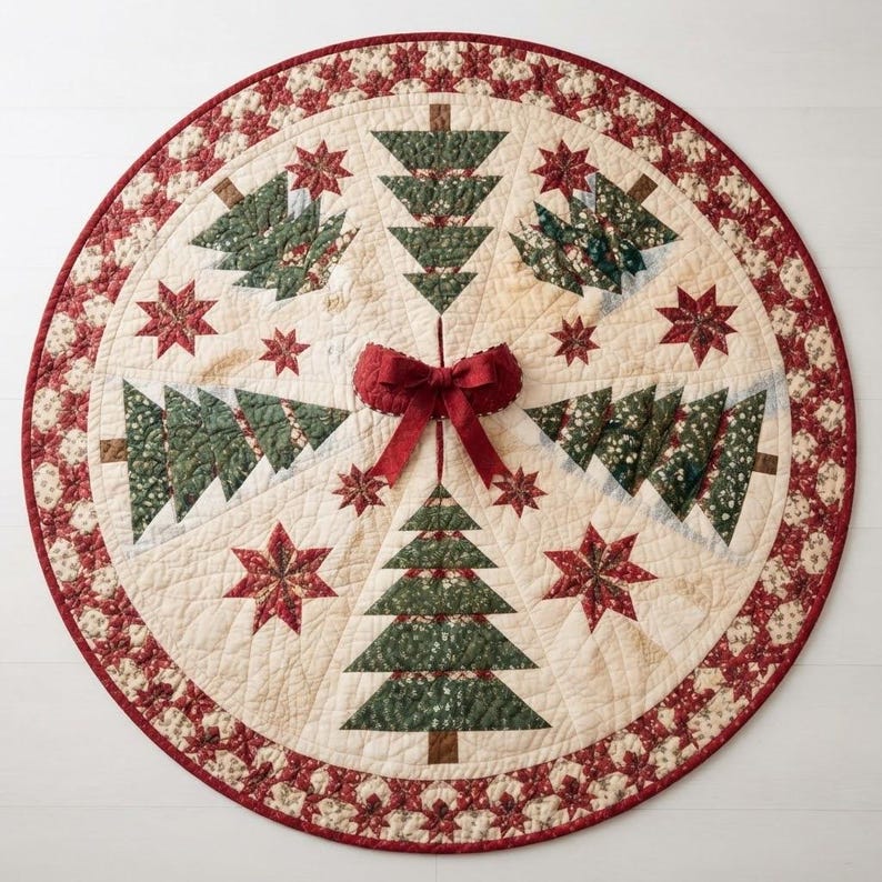 K&ouml;nnte beinhalten: Ein runder, gesteppter Weihnachtsbaumteppich mit cremefarbenem Hintergrund und einem wiederkehrenden Muster aus gr&uuml;nen Stoff-Tannenb&auml;umen und roten Stoff-Sternen. Der Rand ist mit einem rot-cremefarbenen Blumenmuster versehen und einer roten Schleife.