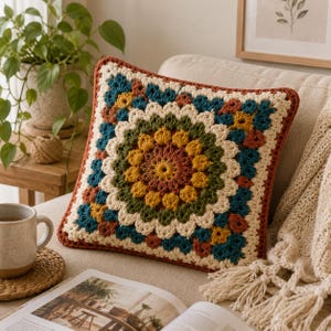 Puede incluir: Un cojín cuadrado de ganchillo con un patrón de mandala central en tonos amarillo mostaza, terracota, verde oliva y crema. El diseño está enmarcado por un borde azul verdoso oscuro y acabado con un borde color óxido, creando una superficie texturizada.