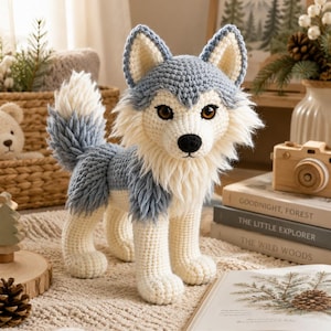 May include: A crocheted stuffed animal in the shape of a husky dog. The toy features a grey and cream-colored yarn body with a fluffy tail, pointed ears, and dark brown eyes. It has a textured, yarn-based coat and a black stitched nose.