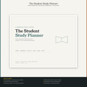 Puede incluir: Un planificador de estudios digital con fondo crema. El texto de la portada dice The Student Study Planner, A Semester Study System, y enumera secciones para clases, tareas, sesiones de estudio, exámenes, calificaciones y notas.