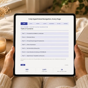 May include: A digital tablet displaying a table of contents for a business guide. The screen features a navigation bar, seven distinct parts ranging from foundations to appendices, and summary statistics showing 305 pages and 2,671 total links.
