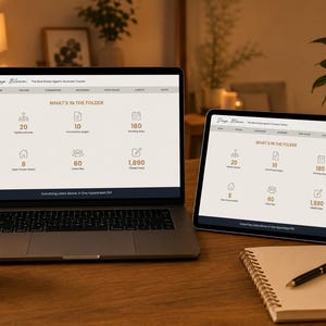 以下が含まれることがあります： Deep Bloom Real Estate Agent's Business Trackerのインターフェースを表示するノートパソコンとタブレット。画面にはWhat's in the Folderというタイトルのダッシュボードが表示され、パイプライン、コミッション、内覧、オープンハウス、クライアントファイルに関するアイコンと数値データが示されています。