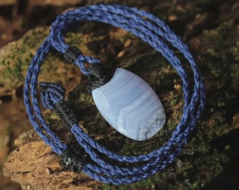 Australian Blue Lace Agate Necklace • Agate Creek Pendant • Tribal Healing Crystal Talisman • Handwoven Tropical Cord