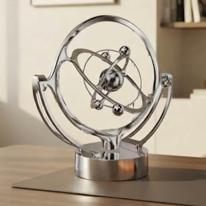 May include: A silver-colored kinetic sculpture featuring a central sphere surrounded by multiple rotating rings and smaller orbiting spheres. The metallic object is mounted on a cylindrical base and displays a polished, reflective surface throughout.
