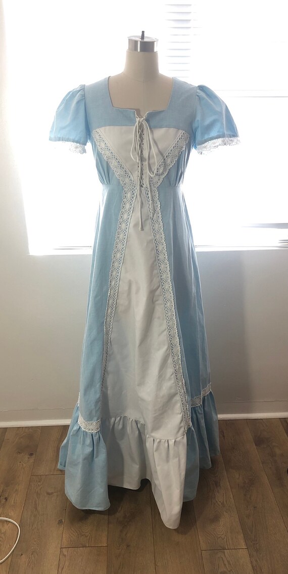 1970s Gunne Sax Light Blue and White Prairie Dress