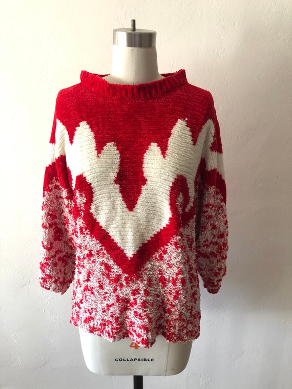 1980s Duet White Red Acrylic Sweater