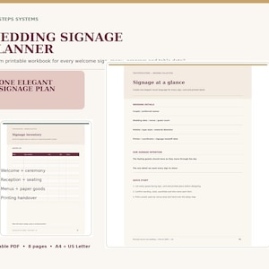 May include: A printable wedding signage planner workbook by TinySteps Systems. The document features pages titled Signage at a glance and Signage inventory, with sections for wedding details, signage intention, and a quick start guide.