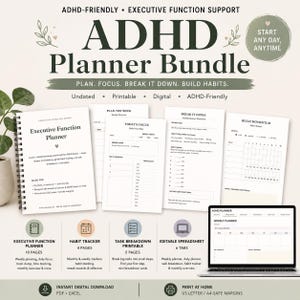 May include: An ADHD planner bundle featuring a spiral-bound executive function planner, printable daily focus and task breakdown sheets, a habit tracker, and an editable spreadsheet displayed on a laptop screen, all with text headers and icons.