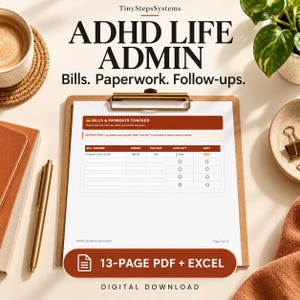 ADHD生活管理プランナー、請求書とフォローアップトラッカー、印刷可能なPDFとExcelのセット