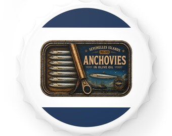 Vintage Ansjovis Flesopener | Nr. 09 Seychellen Viscollectie | Cadeau voor Visliefhebbers | Magnetisch Bargereedschap