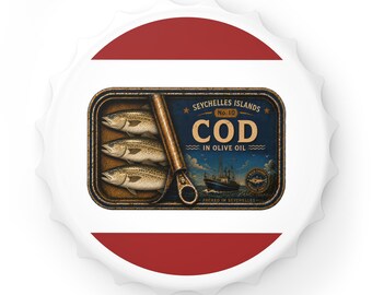 Vintage flesopener in de vorm van een kabeljauw | Nr. 10 Seychellen Viscollectie | Cadeau voor visliefhebbers | Magnetisch baraccessoire