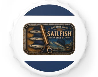 Vintage flesopener in de vorm van een zeilvis | Nr. 08 Seychellen Viscollectie | Cadeau voor visliefhebbers | Magnetisch baraccessoire