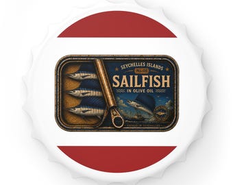 Vintage flesopener in de vorm van een zeilvis | Nr. 08 Seychellen Viscollectie | Cadeau voor visliefhebbers | Magnetisch baraccessoire