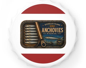 Vintage Ansjovis Flesopener | Nr. 09 Seychellen Viscollectie | Cadeau voor Visliefhebbers | Magnetisch Bargereedschap