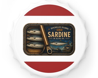 Vintage sardineflesopener | Nr. 01 Seychellen Viscollectie | Cadeau voor visliefhebbers | Magnetisch baraccessoire