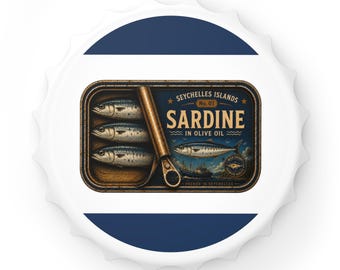 Vintage sardineflesopener | Nr. 01 Seychellen Viscollectie | Cadeau voor visliefhebbers | Magnetisch baraccessoire