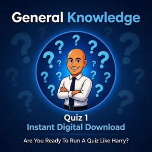 May include: A digital graphic featuring the text General Knowledge, Quiz 1, Instant Digital Download, and Are You Ready To Run A Quiz Like Harry? A bald character in a white shirt and dark tie stands with arms crossed inside a blue circle with question marks.