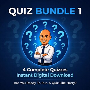 May include: A digital graphic titled QUIZ BUNDLE 1 featuring a cartoon character with a bald head, white shirt, and blue tie, arms crossed. The background is dark blue with light blue question marks and the text 4 Complete Quizzes Instant Digital Download. Are You Ready To Run A Quiz Like Harry?