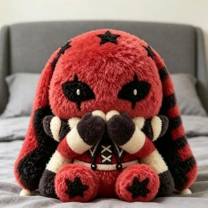 May include: A plush toy featuring a red and black fuzzy texture with long ears. The character has black diamond-shaped eye markings, white accents on the arms, and black star patterns on the head and feet. It wears a bodice with white lacing.