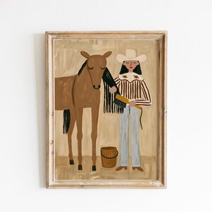 Cowgirl Grooming Horse Wall Art, Western Stable Print, Neutral Equestrian Poster