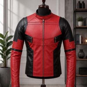 Op de afbeelding: Een rood met zwart leren jack met een opstaande kraag, een ritssluiting over de gehele lengte en gestructureerde panelen op de borst en schouders. De mouwen zijn voorzien van kleurblokken met zwarte bovenstukken en rode onderstukken.