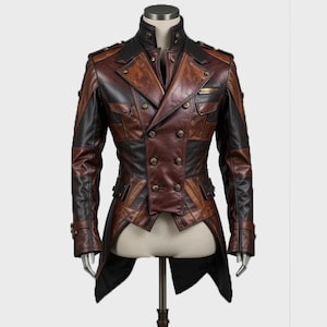 May include: A double-breasted jacket crafted from brown and black leather, featuring a high collar, structured lapels, and multiple front pockets. The garment includes metallic buttons, long sleeves with buckled cuffs, and a tailcoat-style hem.
