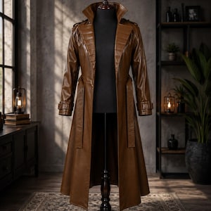 May include: A long brown leather trench coat featuring a wide collar, structured lapels with horizontal stitching, long sleeves with buckled cuffs, and a matching waist belt. The coat is displayed on a black mannequin torso stand.
