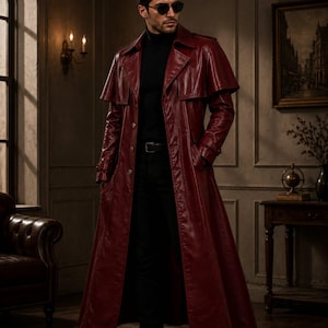 Men's Hellsing Red Leather Trench Coat | Anime Alucard Cosplay Gothic Vampire Jacket | Halloween Cosplay Costume | Gift for him