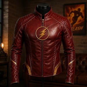 May include: A dark red leather jacket featuring a central gold lightning bolt emblem inside a circular gold border. The jacket has a high collar, a full-length front zipper, and textured paneling on the shoulders and sleeves with gold accents.