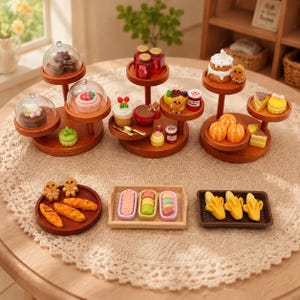 Puede incluir: Una colección de miniaturas de alimentos expuestas en soportes de madera de varios niveles y bandejas. El conjunto incluye pasteles, bollería, galletas, fruta y tarros de mermelada, algunos bajo cúpulas de cristal. Sobre un mantel de encaje.