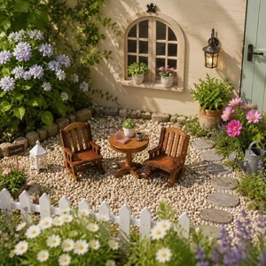 Puede incluir: Una escena de jardín en miniatura con dos mecedoras de madera marrón y una pequeña mesa redonda sobre una superficie de grava. El conjunto incluye una valla blanca, una linterna en miniatura, una planta en maceta, un libro y una taza.