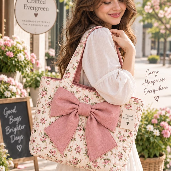 Quilted Coquette Bow Tote Bag Sewing Pattern, Beginner Friendly (PDF)