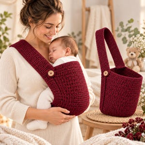 May include: A deep burgundy crochet baby carrier featuring a thick shoulder strap and a single wooden button closure. The carrier is designed to hold an infant securely against the chest. A matching deep burgundy crochet basket with a single handle and a wooden button detail is positioned nearby.