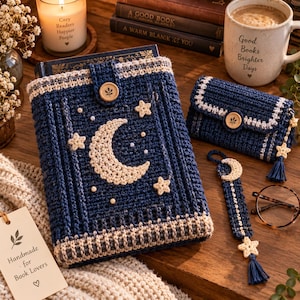Mönster för virksetet Moonlit Book Lover, bokhylsa, bokmärke, påse (PDF-nedladdning)