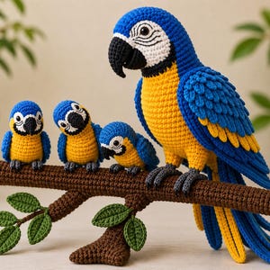 Blågul ara-familj virkmönster, Amigurumi-papegojdockor (PDF-nedladdning)