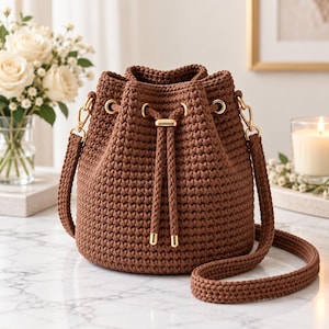 Op de afbeelding: Een bruine gehaakte bucket bag met een gestructureerd breipatroon, een trekkoordsluiting met goudkleurige metalen hardware en een bijpassende schouderriem bevestigd met goudkleurige draaibare sluitingen. De tas heeft een cilindrische vorm.