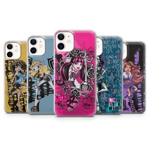 May include: Five smartphone cases featuring Monster High character illustrations. The cases display various colors including yellow, light blue, pink, teal, and black, each decorated with specific character graphics and the Monster High logo.