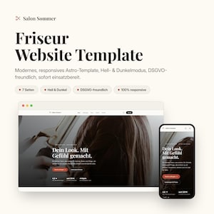 Könnte beinhalten: Eine digitale Website-Vorlage für einen Friseursalon namens Salon Sommer, mit einer Vorschau der Desktop- und Mobilansicht. Das Design enthält deutschen Text, ein dunkles Farbschema und ein Heldenbild von Haaren, die mit einem Lockenstab gestylt werden.