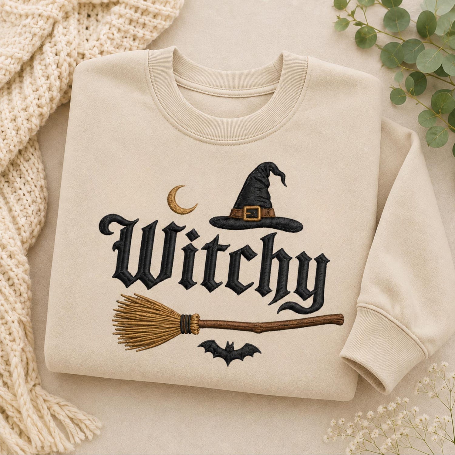 Witchy Embroidered Sweatshirt, Witch Hat and Broom Sweatshirt, Spooky Gothic Sweatshirt