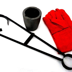 26 Inch Sturdy Foundry Flask Tong With #3 Crucible & Gray Leather Gloves