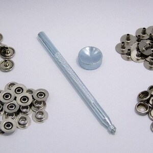 Snap Fastener Kit With 20 Snaps And Setting Tool For Thinner Materials.