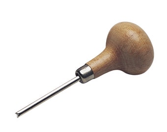 May include: A wood-handled awl with a metal tip. The handle is a light brown color, and the metal tip is silver. The awl is designed for piercing or marking materials. It is a tool commonly used in crafts and leatherworking.