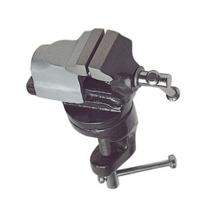 May include: A black cast iron bench vise with a swivel base and a clamping mechanism. The vise has a silver jaw and a handle for tightening.
