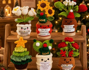 Julklapp med virkad krukväxt, 6 amigurumi-skrivbordsdekorationer med meddelandekort, julklapp till lärare, kollega, vän
