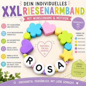 Könnte beinhalten: Ein großes, personalisierbares Armband mit klobigen Perlen in Herz-, Stern- und Blumenform in den Pastellfarben Blau, Gelb, Grün, Rosa und Lila. Vier weiße, runde Perlen bilden den Namen ROSA in großen, schwarzen Buchstaben.