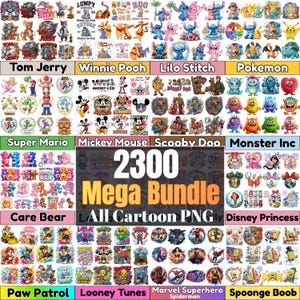 Puede incluir: Una colección digital de 2300 archivos PNG de dibujos animados con varios personajes, incluidos Tom y Jerry, Winnie the Pooh, Lilo y Stitch, Pokemon, Super Mario, Mickey Mouse, Scooby-Doo, Monsters Inc, Care Bears, Disney Princess, Paw Patrol, Looney Tunes, Marvel Superheroes y Bob Esponja.