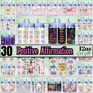 May include: A collection of thirty 12oz stainless steel water bottles featuring various colorful graphic designs, positive affirmations, motivational quotes, and illustrations of butterflies, mushrooms, flowers, and animals with blue lids.